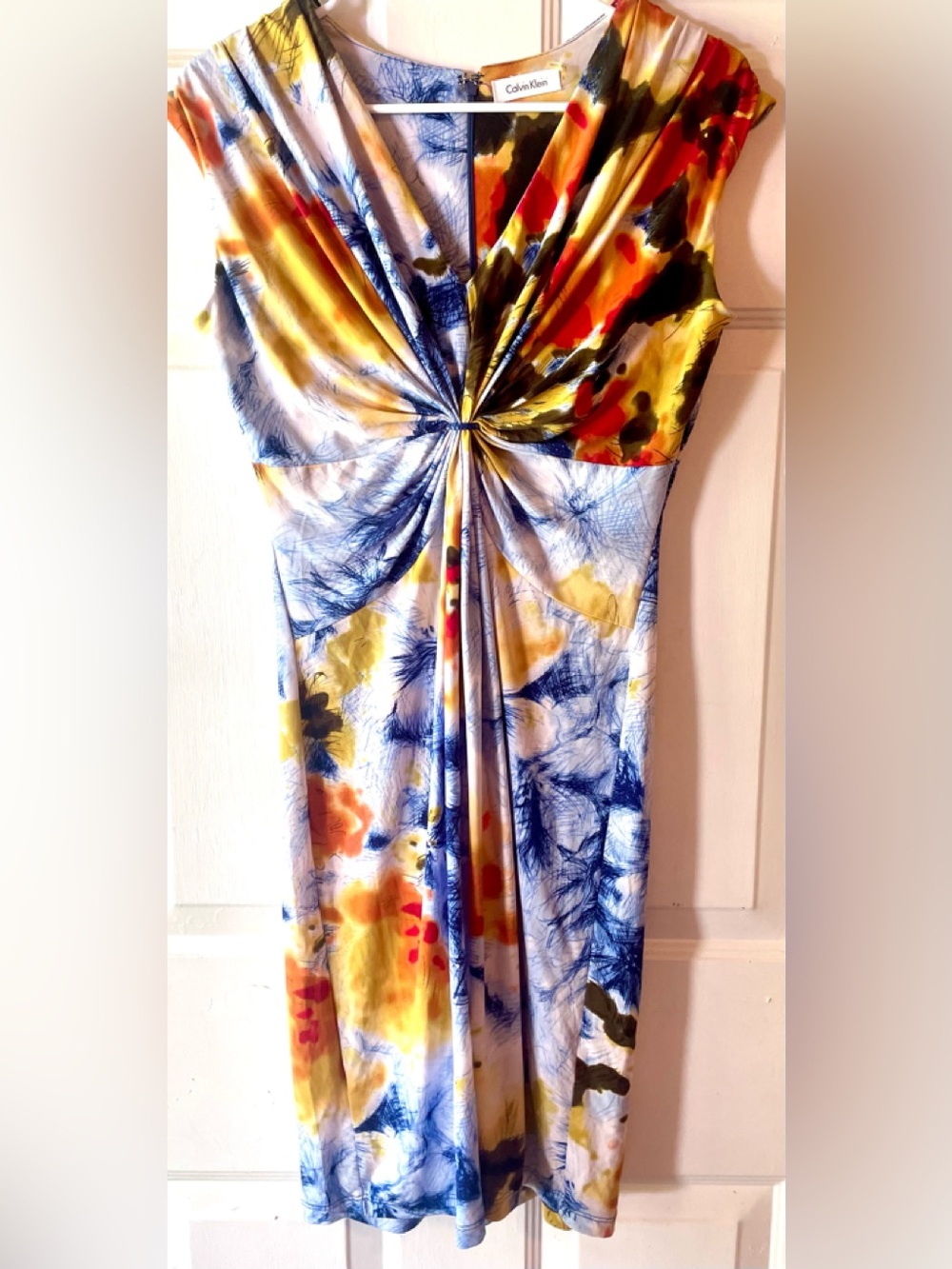 Calvin Klein Blue Yellow Orange Abstract Floral Gather Front Midi Dress Size 4